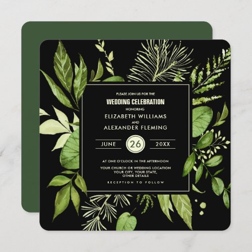 Black Green Botanical Watercolor Wedding Invitation