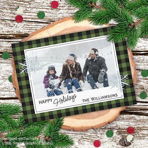 Black Green Buffalo Lumberjack Plaid  Snowflakes Holiday Card