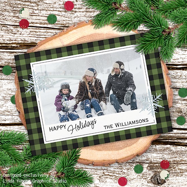 Black Green Buffalo Lumberjack Plaid & Snowflakes Holiday Card (Creator Uploaded)