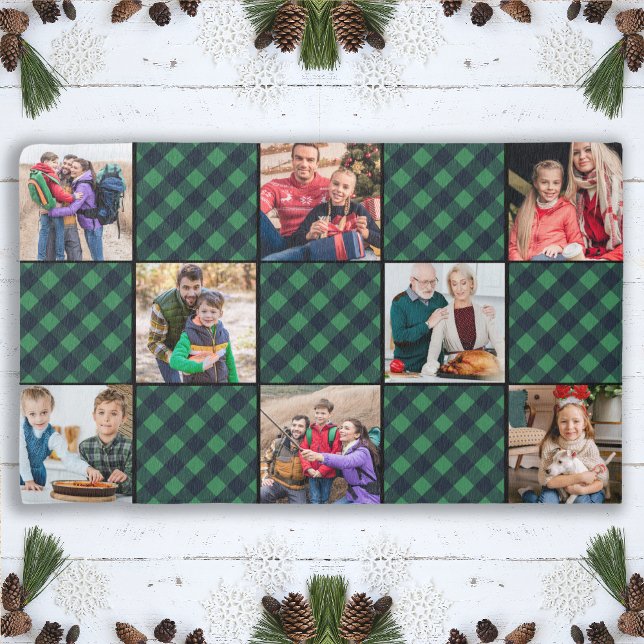Black Green Buffalo Plaid Custom 8 Photo Holiday Outdoor Rug (Creator Uploaded)