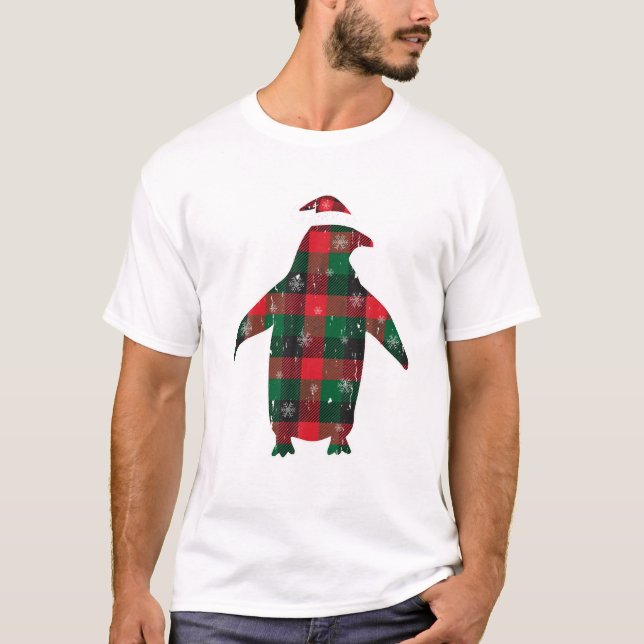 Black Green Buffalo Plaid Penguins  T-Shirt (Front)