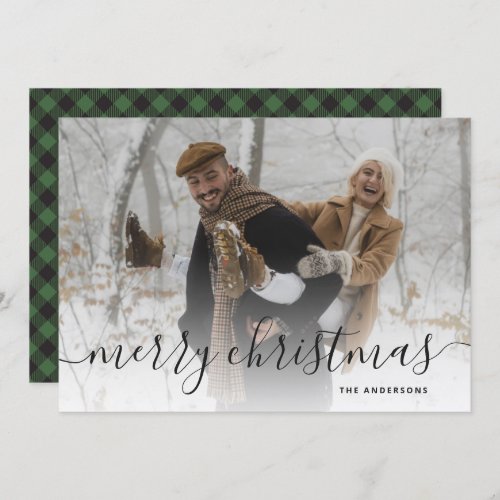 Black Green Buffalo Plaid Photo Merry Christmas Holiday Card