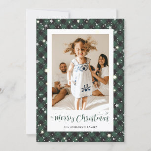 Black Green Buffalo Plaid Photo Merry Christmas Holiday Card