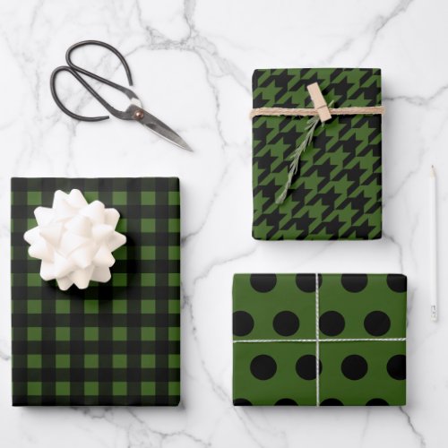 Black Green Buffalo Plaid Polka Dot Houndstooth Wrapping Paper Sheets