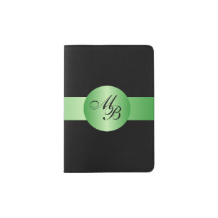 Black Green Circle Design Monogrammed Passport Holder
