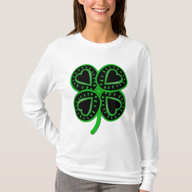 Black Green Clover Heart St Patrick Woman Long S T T-Shirt (Front)