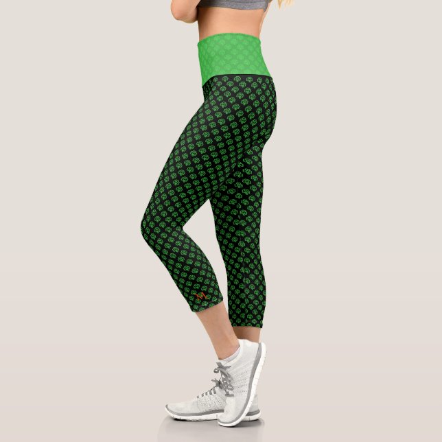Black Green Clover Shamrock Irish St Patricks Day Capri Leggings (Left)