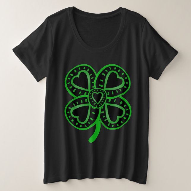 Black Green Clover with Heart - St Patrick Plus Size T-Shirt (Design Front)