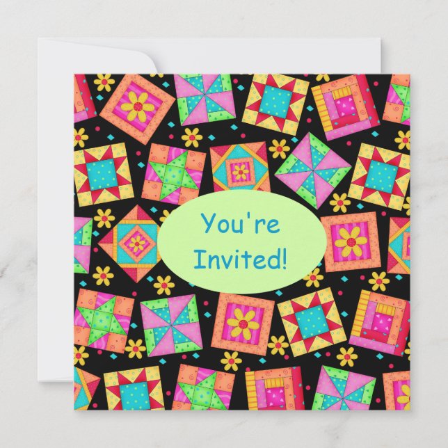 Black Green Colorful Patchwork Quilt Block Art Invitation (Front)
