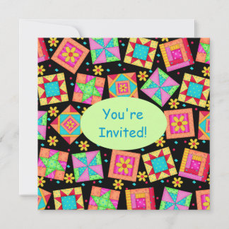 Black Green Colorful Patchwork Quilt Block Art Invitation