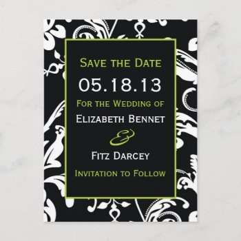 Black & Green Contemporary Damask Save The Date Announcement Postcard by designaline at Zazzle