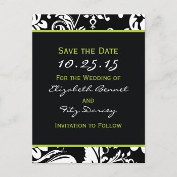 Black & Green Contemporary Damask Save The Date Announcement Postcard by designaline at Zazzle