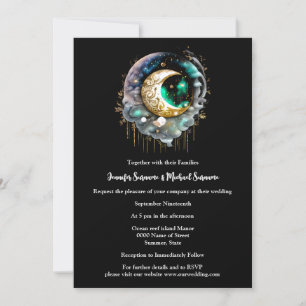 Black green crescent moon starry night chic invitation