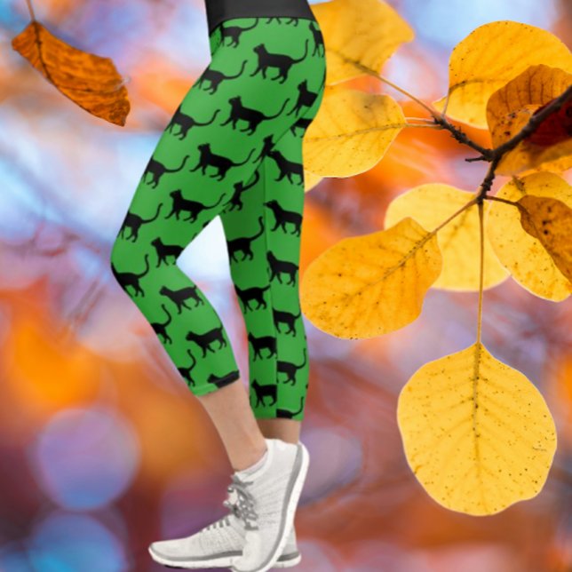 Black Green Customized Crazy Cat Woman Capri Leggings (Feeling catty?)