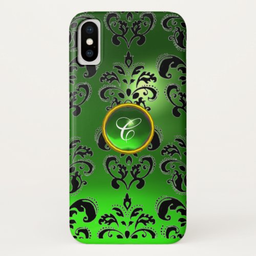 BLACK GREEN DAMASK EMERALD GEM MONOGRAM iPhone X CASE