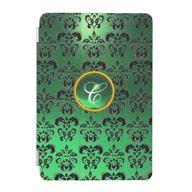 BLACK GREEN DAMASK GEM MONOGRAM iPad MINI COVER (Front)