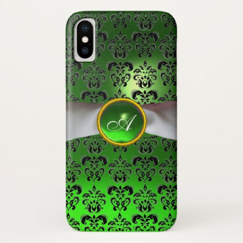 BLACK GREEN DAMASK GEM ONOGRAM  white ribbon iPhone X Case