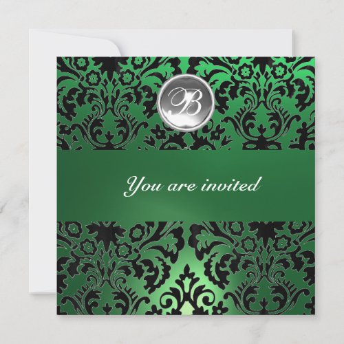 BLACK  GREEN DAMASK GEM STONE MONOGRAM white ice Invitation