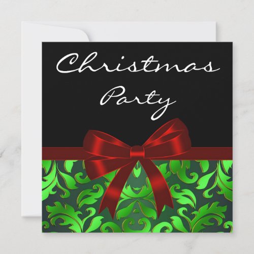 Black Green Damask Red Bow Christmas Party Invitation