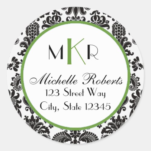 Black  Green Damask Round Return Address Label