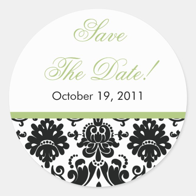 Black & Green Damask Save the Date Wedding Sticker (Front)