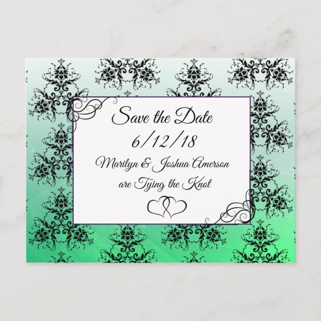 Black Green Damask Wedding Save the Date Postcards (Front)
