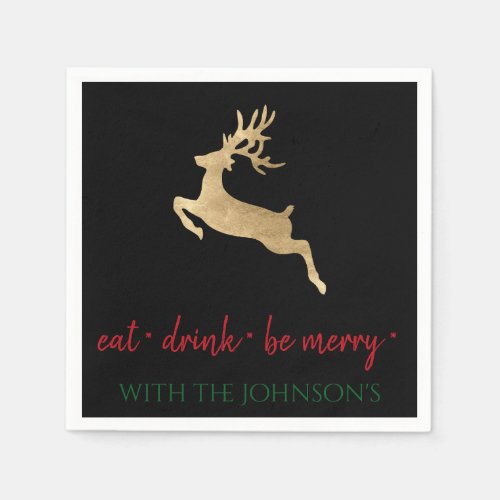 Black Green Eat Drink Be Merry Red Gold Deer Napkins