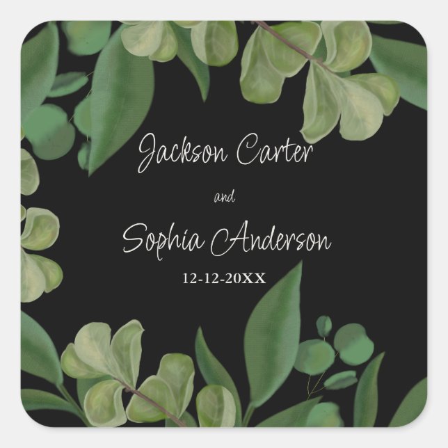 Black & green Elegant rustic greenery leaves lush Square Sticker (Front)