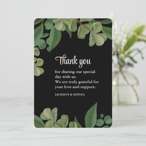 Black  green Elegant rustic greenery leaves lush Thank You Card