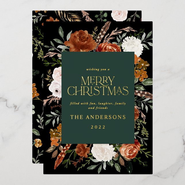 Black green floral botanical elegant script foil holiday card (Front/Back)