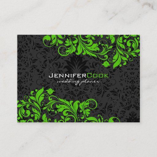Customizable Black &amp; Green Floral Damasks 5 Wedding Planner Business Card Template