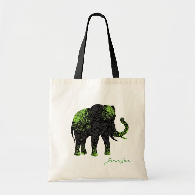 Black & Green Floral Elephant Tote Bag (Front)