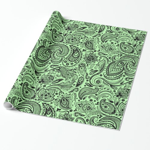 Black  Green Floral Paisley Wrapping Paper