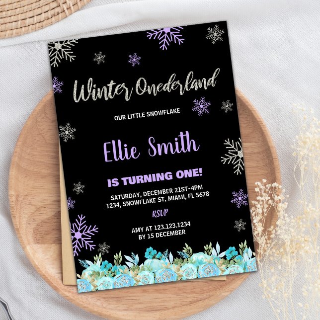 Black Green Floral Winter ONEderland Invitations (Black Green Floral Winter ONEderland Invitations)