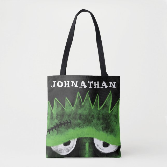 Black & Green Frankenstein Monster Face Halloween Tote Bag (Front)