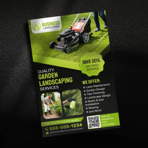 Black  Green Garden Landscaping Lawn Care Mowing Flyer