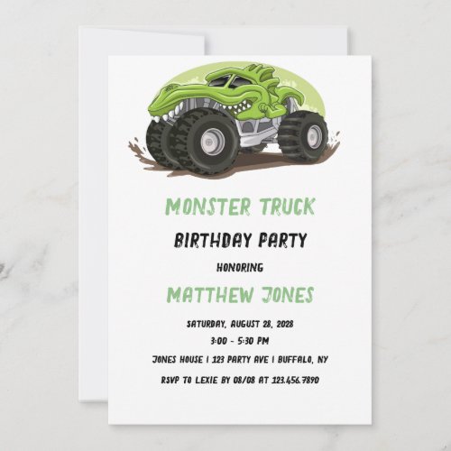 Black Green Gator Monster Truck Birthday Party Inv Invitation