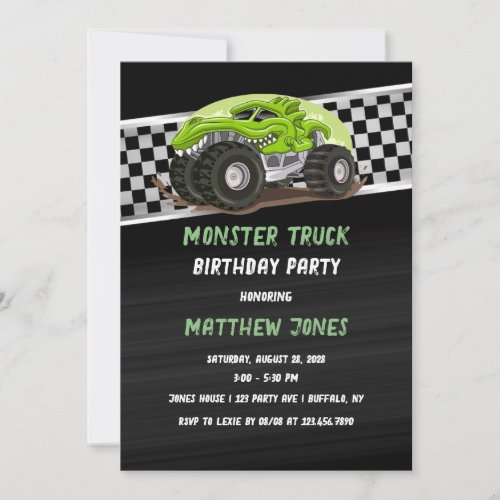 Black Green Gator Monster Truck Birthday Party Inv Invitation