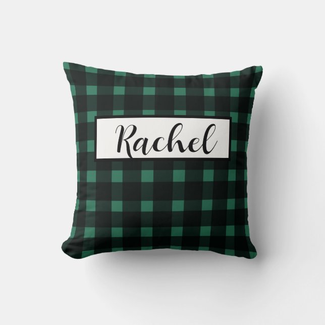 Black Green Gingham Personalized Throw Pillow (Front)