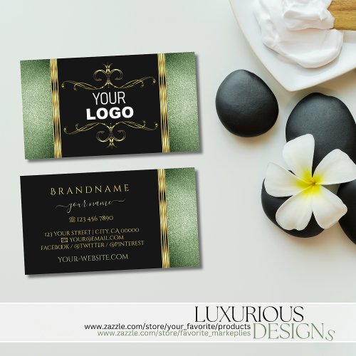Black Green Glitter Gold Ornate Ornaments and Logo Business Card