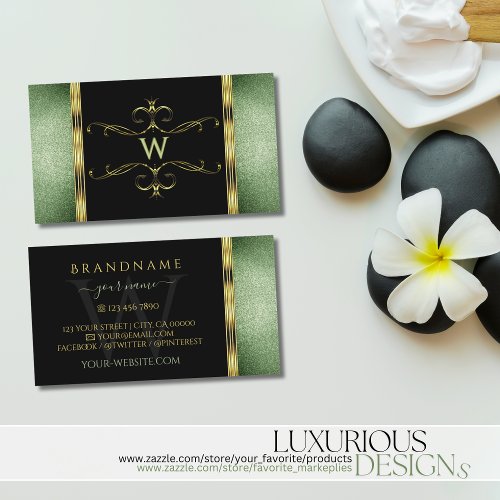 Black Green Glitter Gold Ornate Ornaments Monogram Business Card