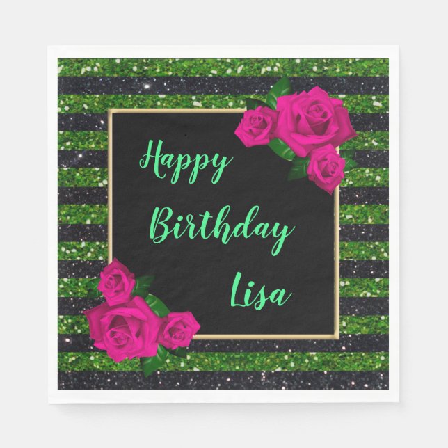 Black Green Glitter Stripes Pink Roses Birthday Napkins (Front)