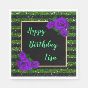 Black Green Glitter Stripes Purple Roses Birthday Napkins