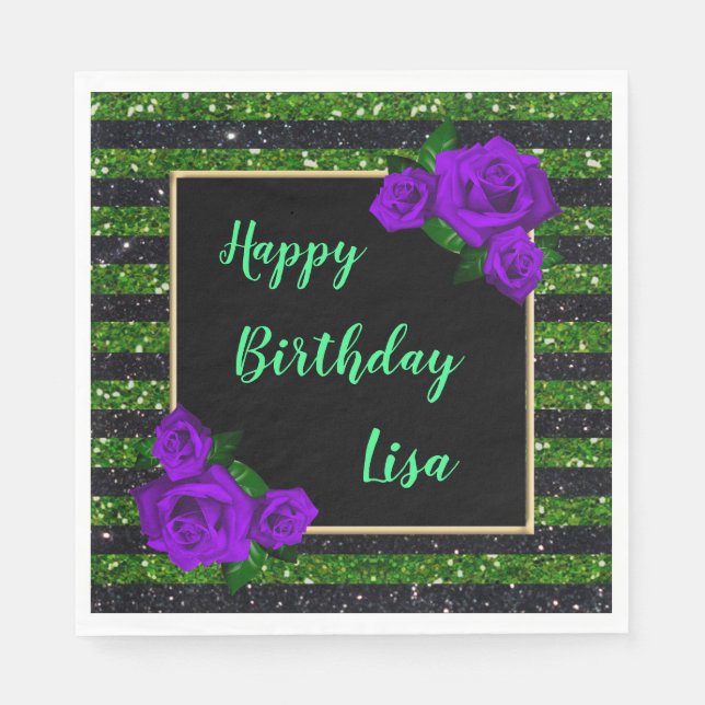 Black Green Glitter Stripes Purple Roses Birthday Napkins (Front)