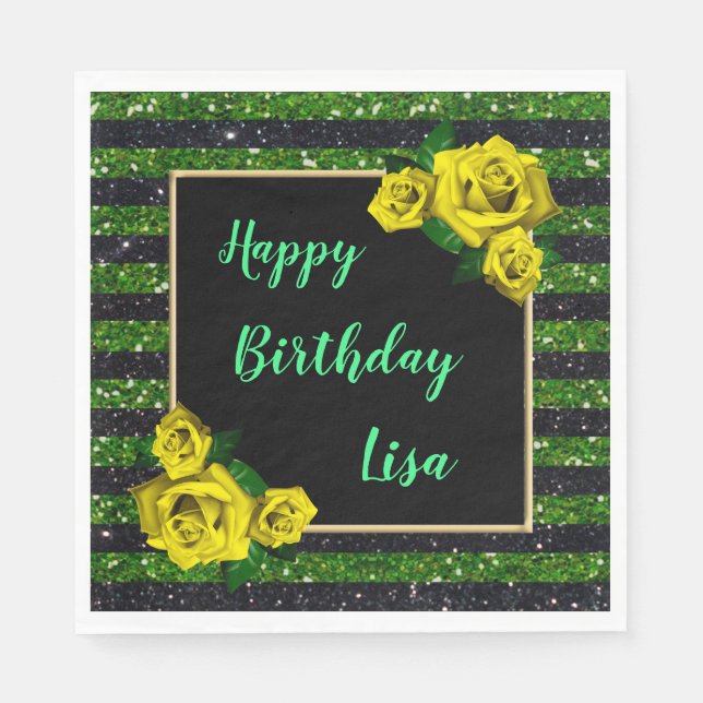 Black Green Glitter Stripes Yellow Roses Birthday Napkins (Front)