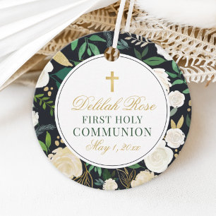 Black Green Gold Floral First Communion Favor Tags
