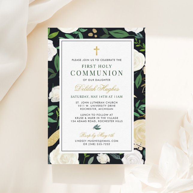 Black Green Gold Floral First Communion Girl Invitation (Creator Uploaded)
