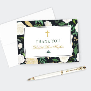 Black Green Gold Floral First Communion Girl Thank You Card