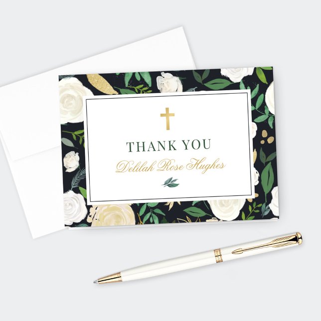 Black Green Gold Floral First Communion Girl Thank You Card (Creator Uploaded)