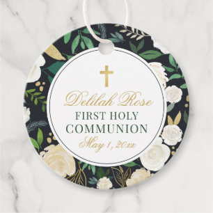 Black Green Gold Floral Watercolor First Communion Favor Tags